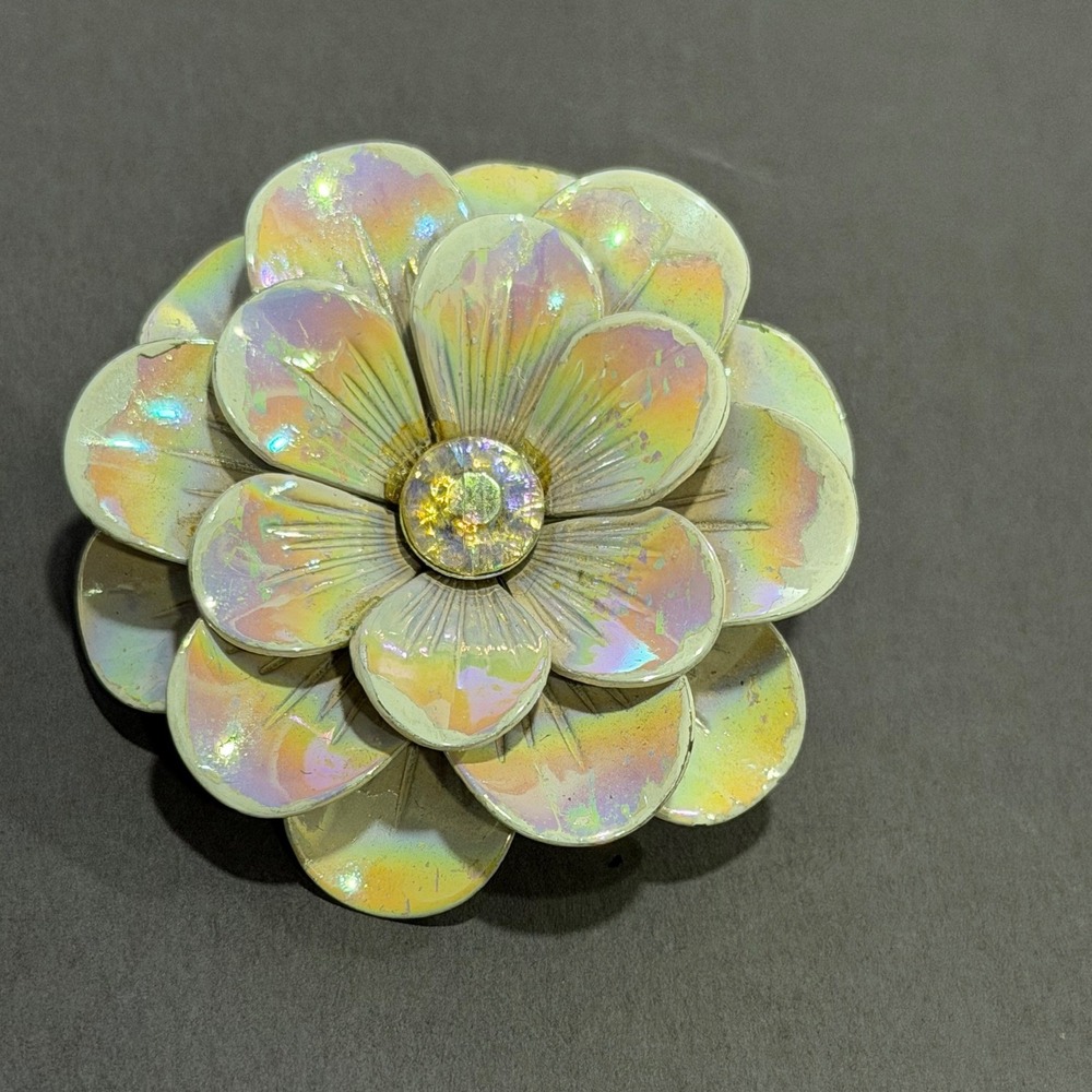 Flower Brooch 2in Iridescent Cream Vintage Enamel AB Rhinestone Stone